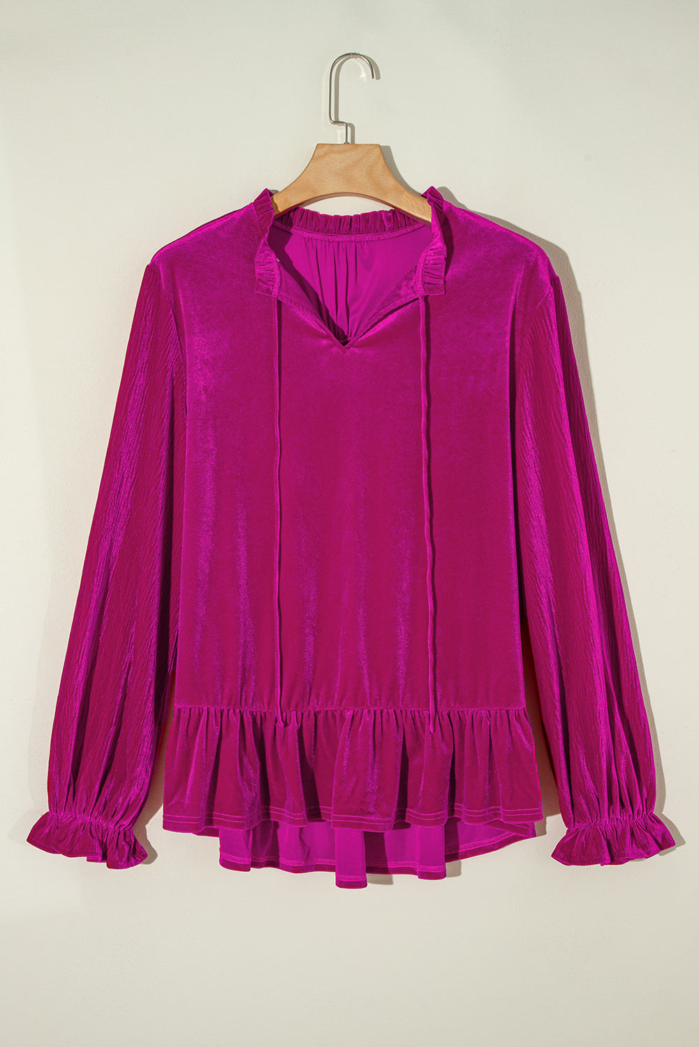 Chic bright pink velvet blouse with ruffled sleeves for plus sizes