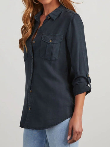 Chic collared denim top with roll-tab sleeves