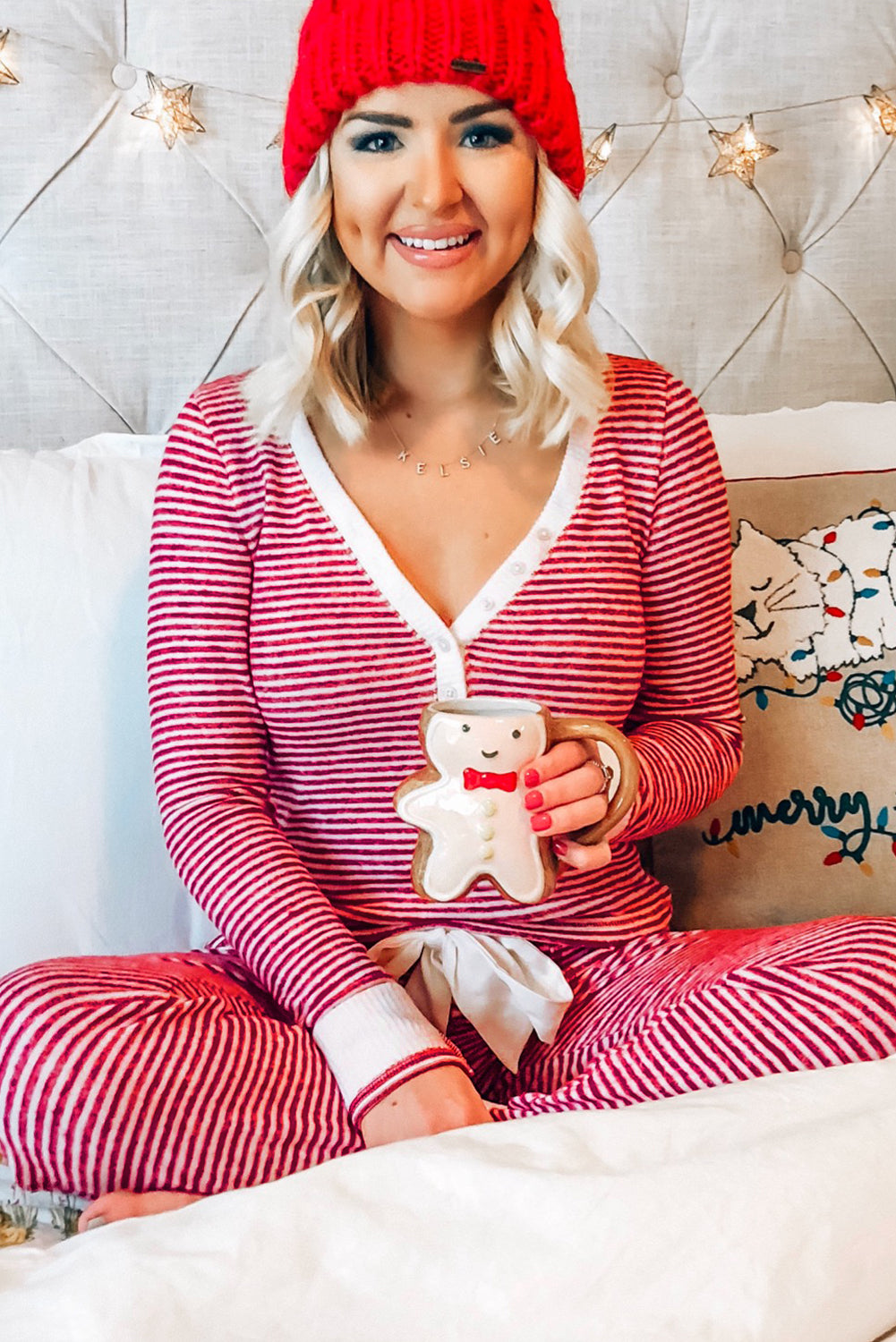 Chic red striped lounge set with buttoned V-neck top and knotted waist pants