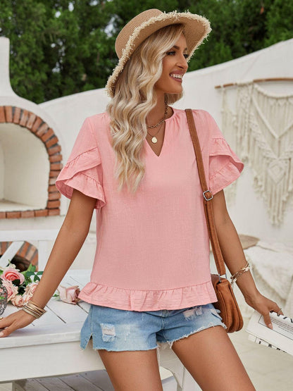 Ruffled Notched Petal Sleeve Blouse.