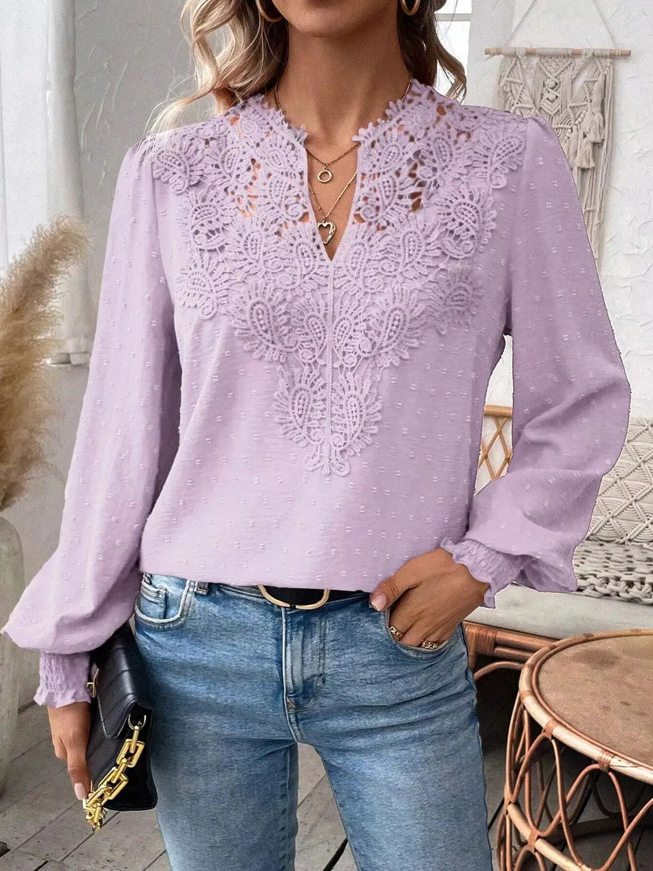 Lace Trim Long Sleeve Blouse Simply Love