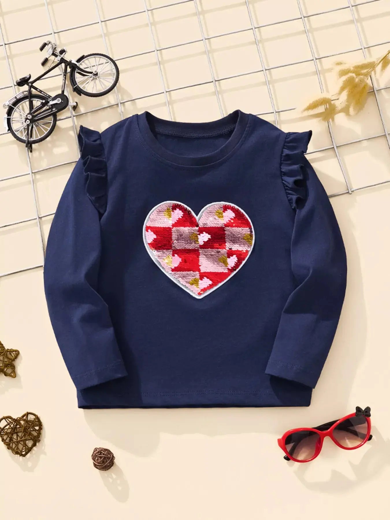 Children's Long Sleeve Heart Patch Ruffle Trim T-Shirt Simply Love