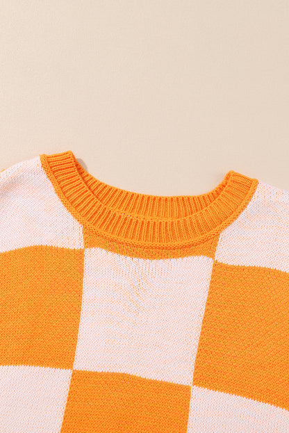 Chic orange checkered bishop sleeve knit sweater