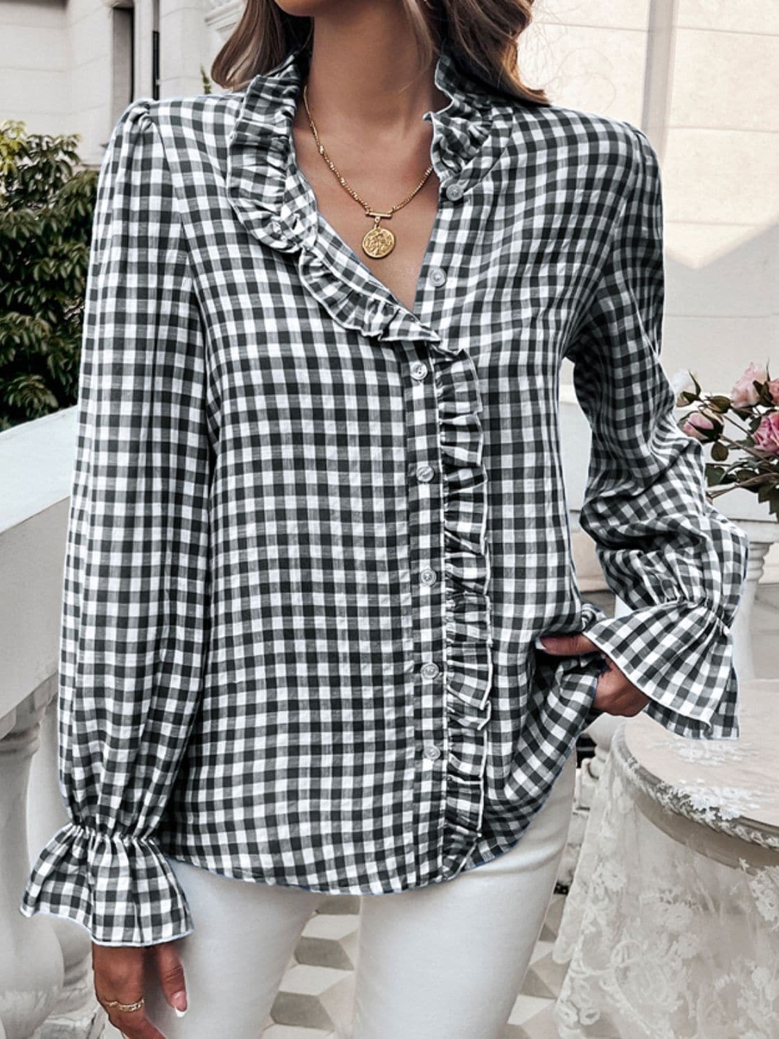 Frill Ruffled Plaid Long Sleeve Shirt.