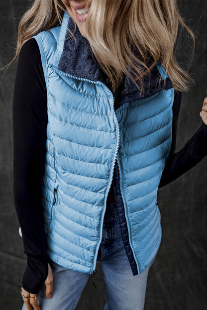 Sky Blue Plush Collared Quilted Zipped Puffer Vest with Turn-Down Collar and Zipper Details