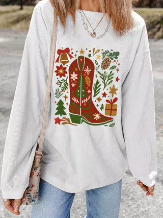 Christmas Leafy Boot Printed Corded Rib Drop Shoulder Sweatshirt Simply Love