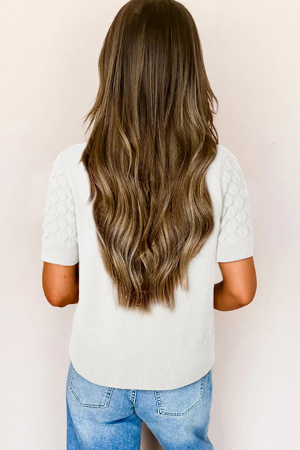 White Fish Scale Knit Ribbed High Neck Short Sleeve Sweater Dear-Lover Dropshipping