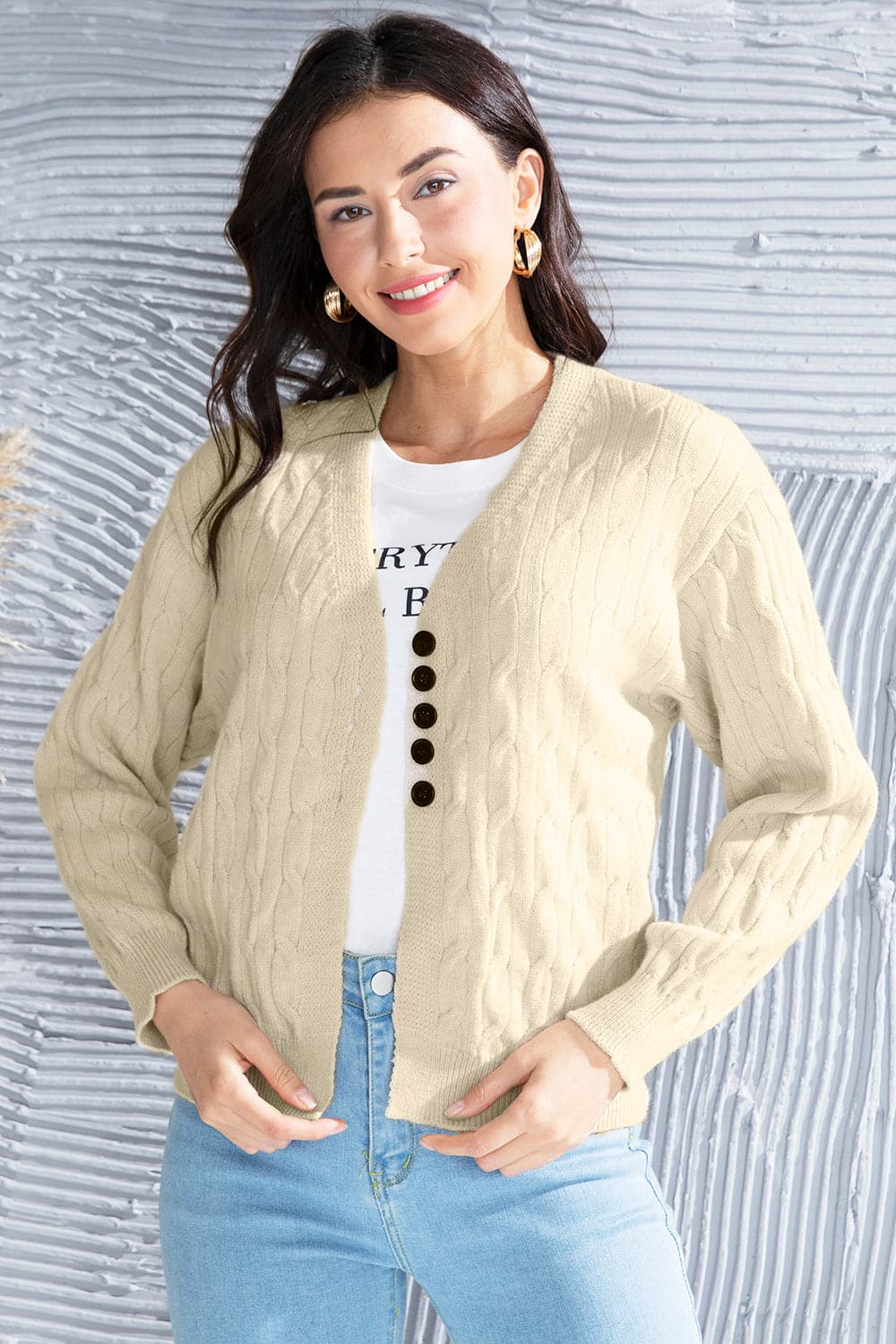 Cable-Knit Button Up Dropped Shoulder Cardigan.