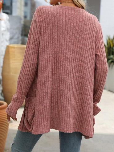 Open Front Long Sleeve Ribbed Cardigan.