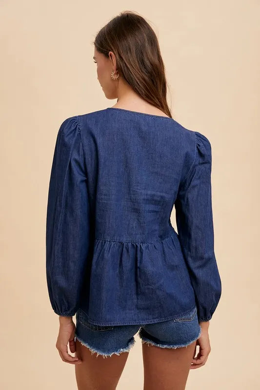Annie Wear Tie Front Peplum Long Sleeve Denim Top - Love Salve 