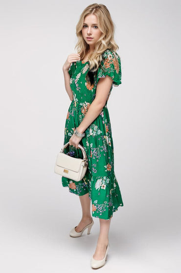 Smocked Printed Puff Sleeve Midi Dress.