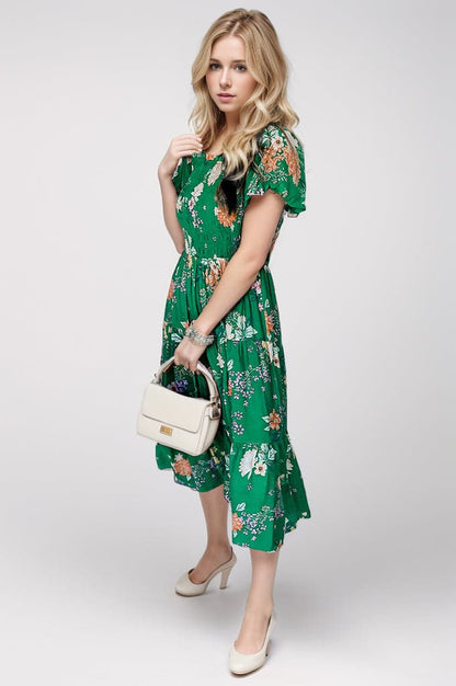 Smocked Printed Puff Sleeve Midi Dress.