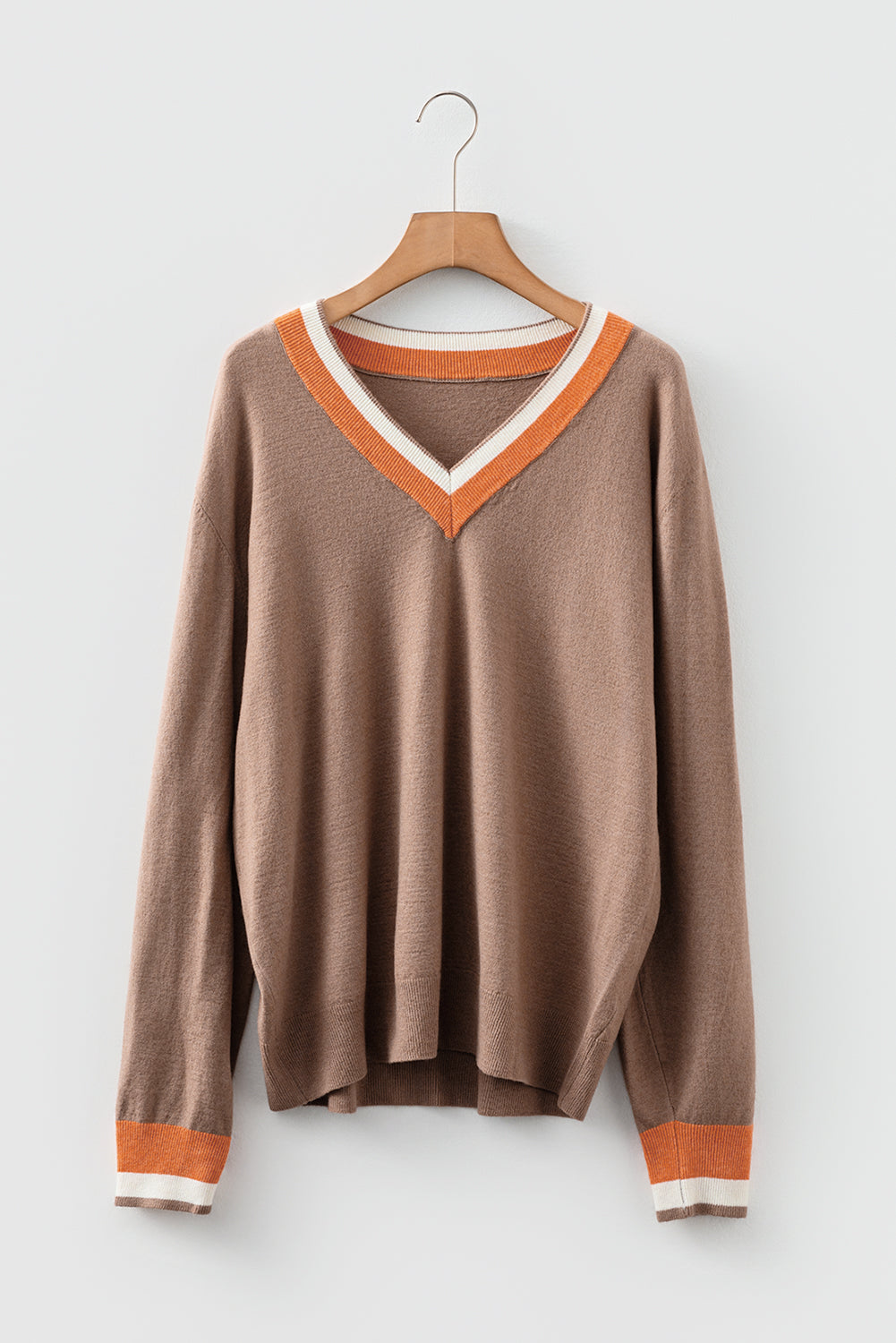 Dark Khaki Varsity Sweater With Contrast Striped Trim V Neck Dear-Lover Dropshipping