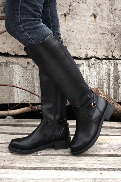 Chic Black Knee-High Faux Leather Boots with Side Zipper and Chunky Heel