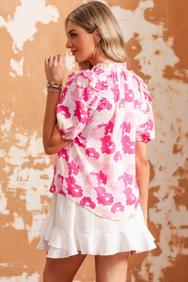Bold Bloom Tie-Neck Ruffle Blouse – Hot Pink Floral