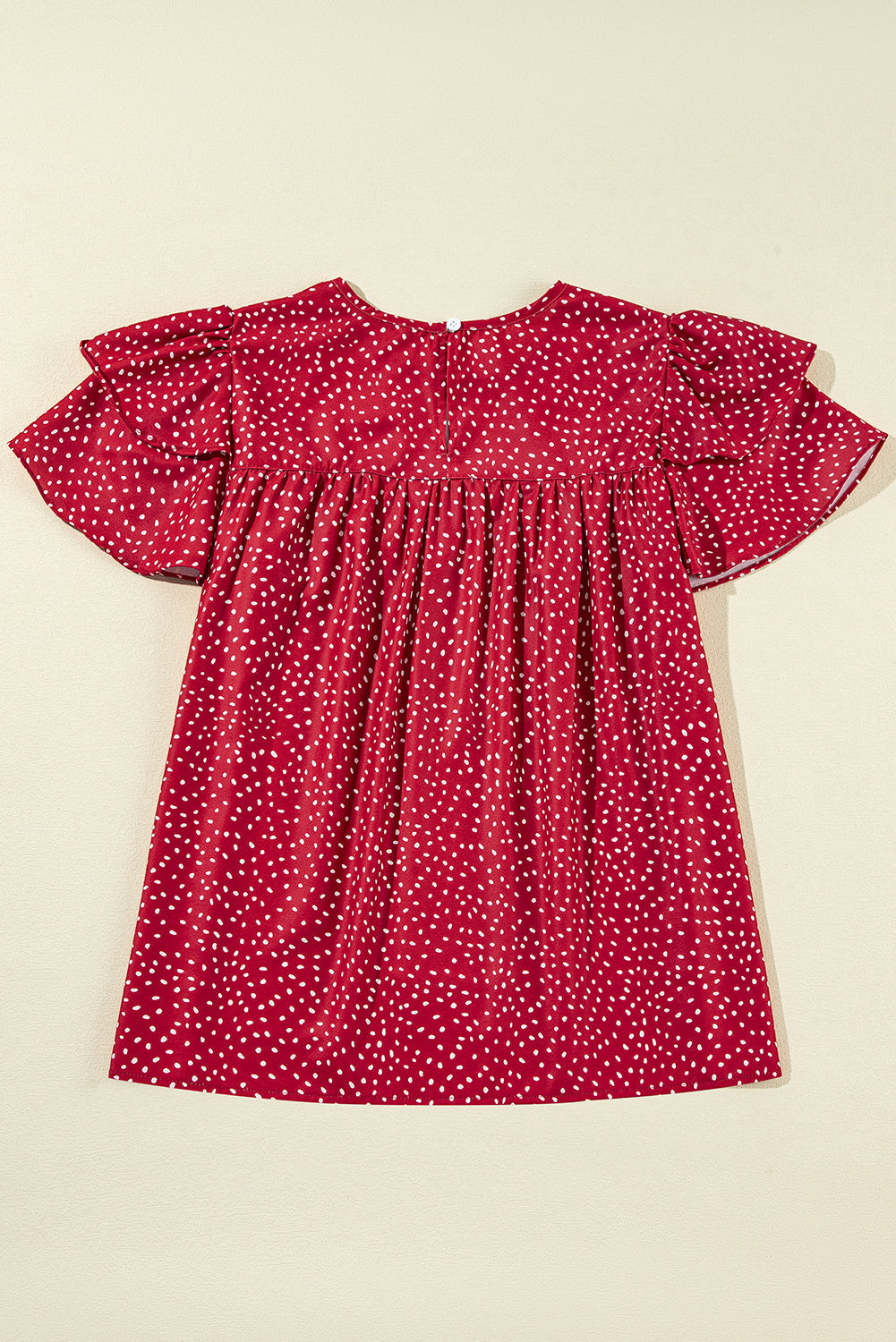 Fiery Red Spotted Print Pleated Ruffle Sleeve Blouse Divine Design4U