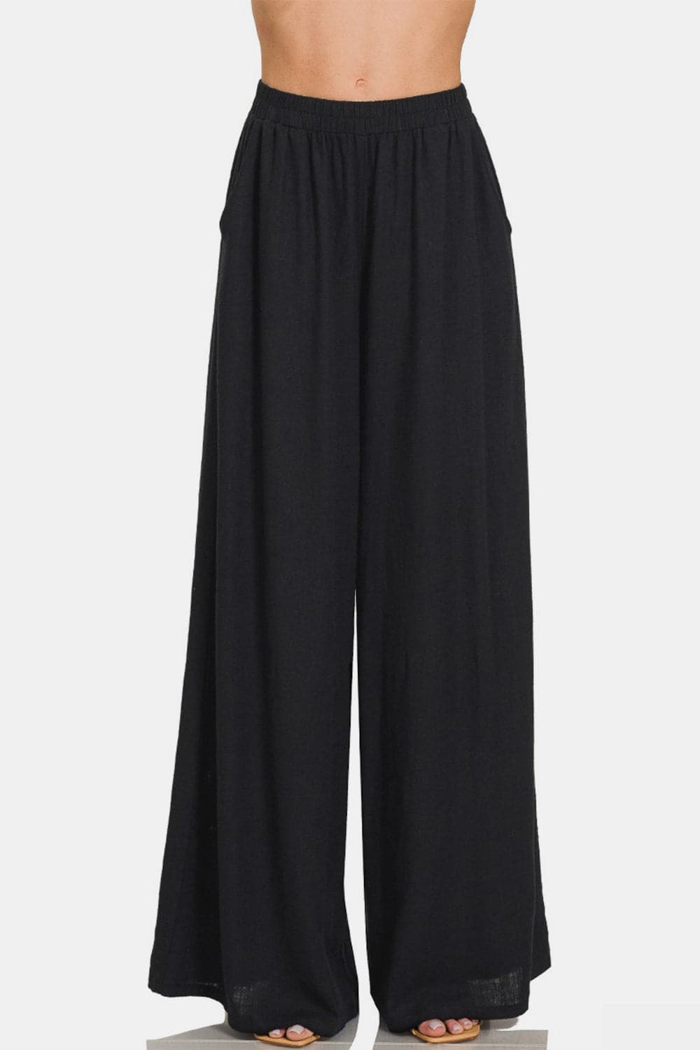 Zenana Pleated Linen Blend Wide Leg Pants.