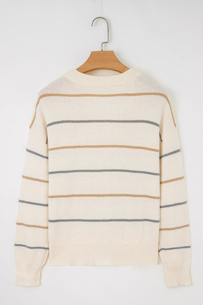 Multicolour Striped Buttoned V Neck Drop Shoulder Cardigan