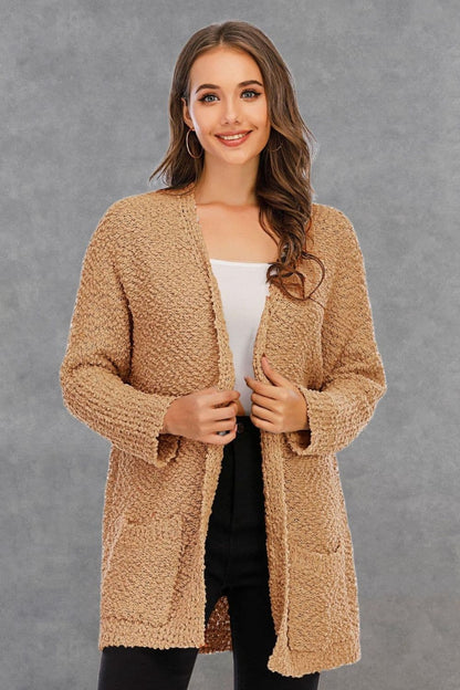 Pocketed Open Front Long Sleeve Cardigan.