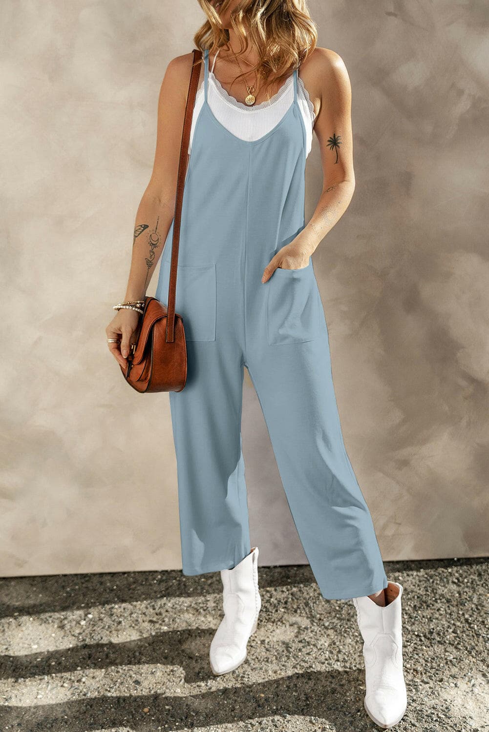 Pocketed Spaghetti Strap Wide Leg Jumpsuit.