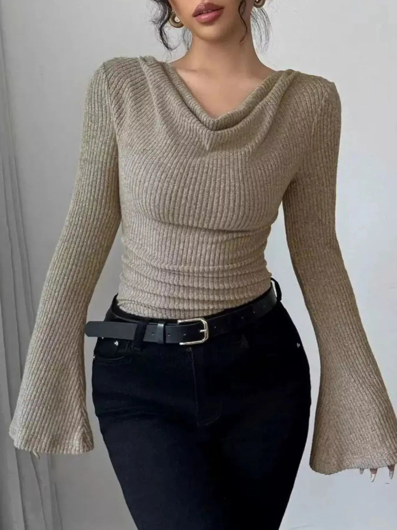 Off-Shoulder Bell Sleeve Ribbed Blouse Simply Love