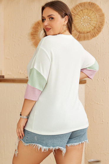 Chic white textured colorblock patchwork t-shirt for plus sizes