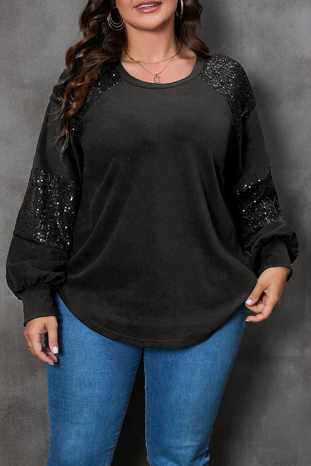 Glamorous black plus size sequin patchwork long sleeve top