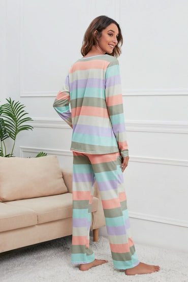 Striped Long Sleeve Lounge Set with Drawstring Pants and Round Neck Top