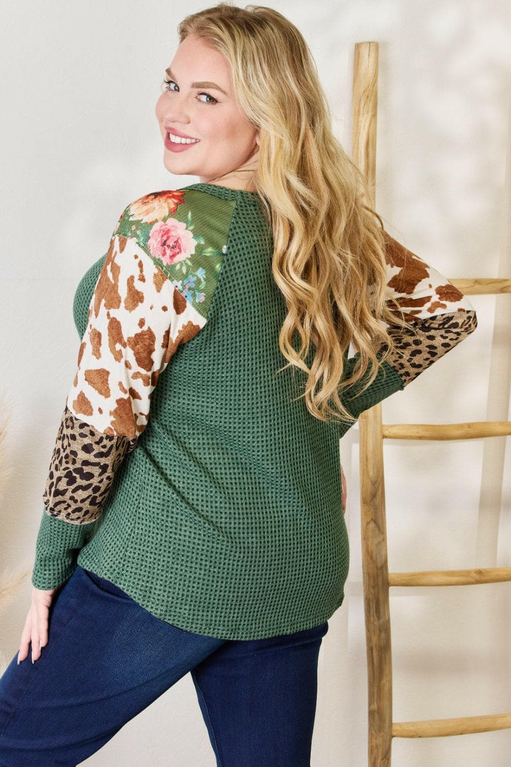 Hailey & Co Full Size Waffle-Knit Leopard Blouse.