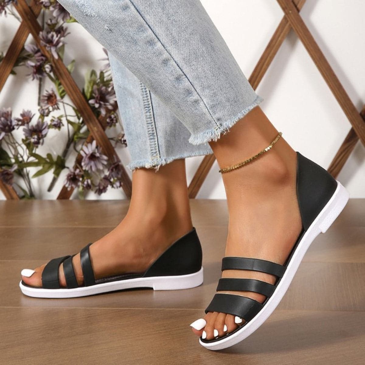 PU Leather Three-Strap Sandals.