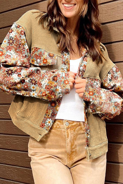 Khaki floral patchwork button-up jacket in cozy waffle knit