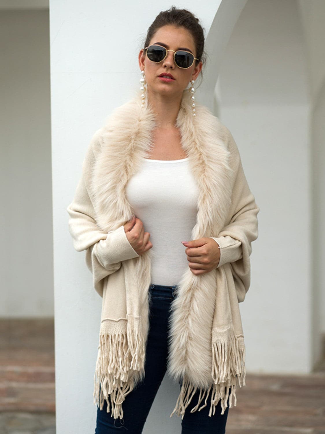 Fringe Open Front Long Sleeve Poncho.