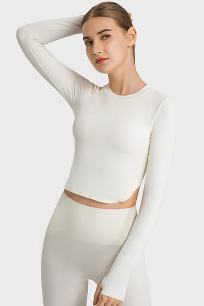 Side Slit Long Sleeve Round Neck Crop Top.