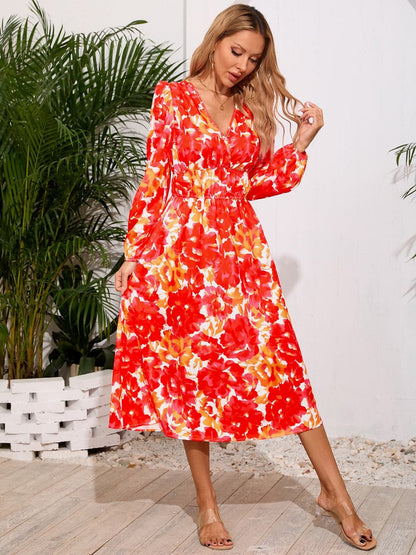 Printed Surplice Long Sleeve Midi Dress.