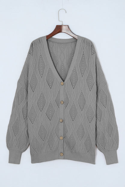 Chic gray plus size knitted cardigan with hollow-out details and button front