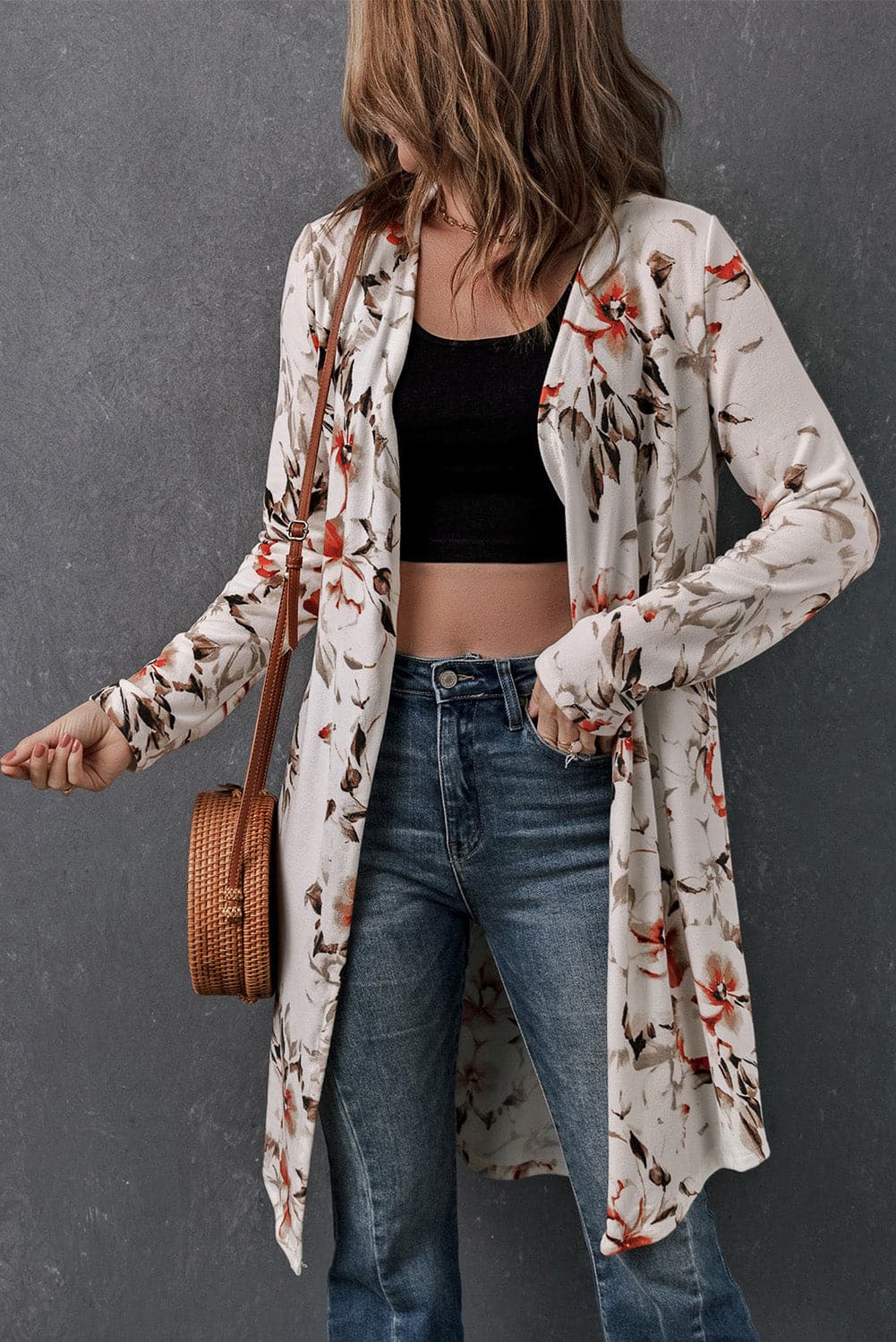 Double Take Printed Open Front Longline Cardigan.