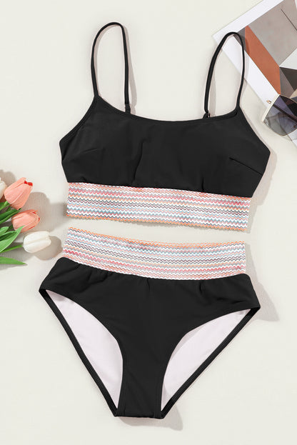 Trendy black striped high waist bikini with spaghetti straps and patchwork design