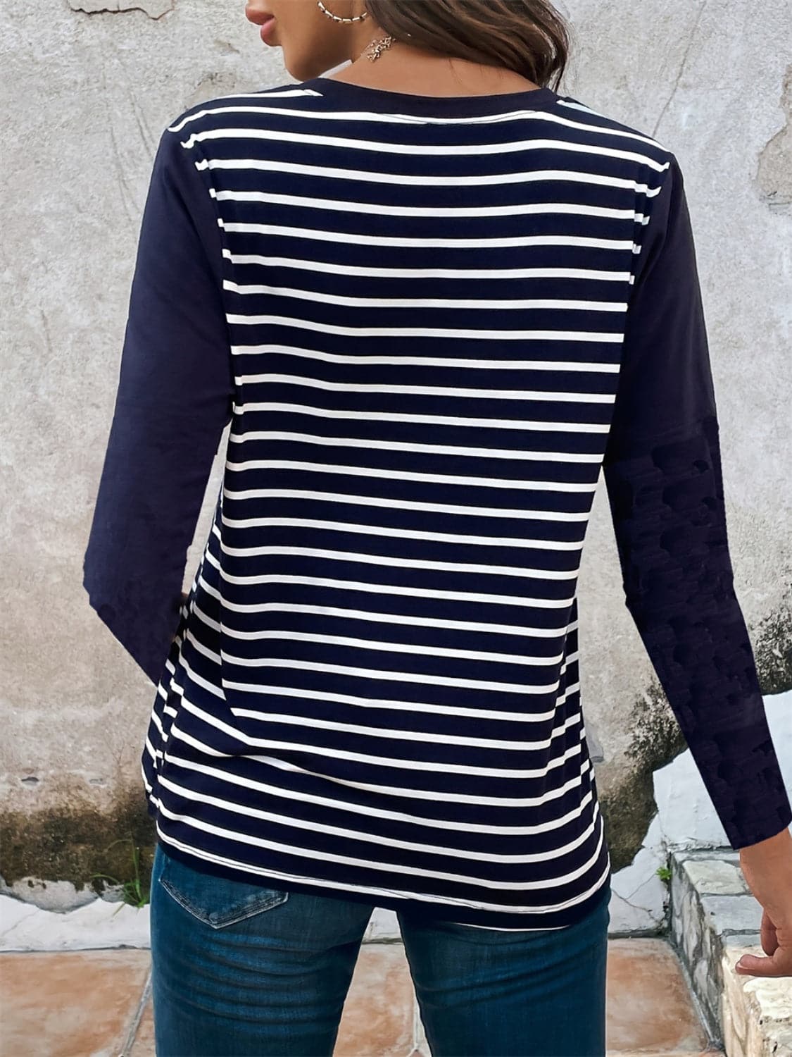 Decorative Button Striped Round Neck Long Sleeve T-Shirt.