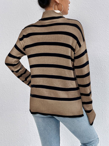 Striped Turtleneck Drop Shoulder Sweater.