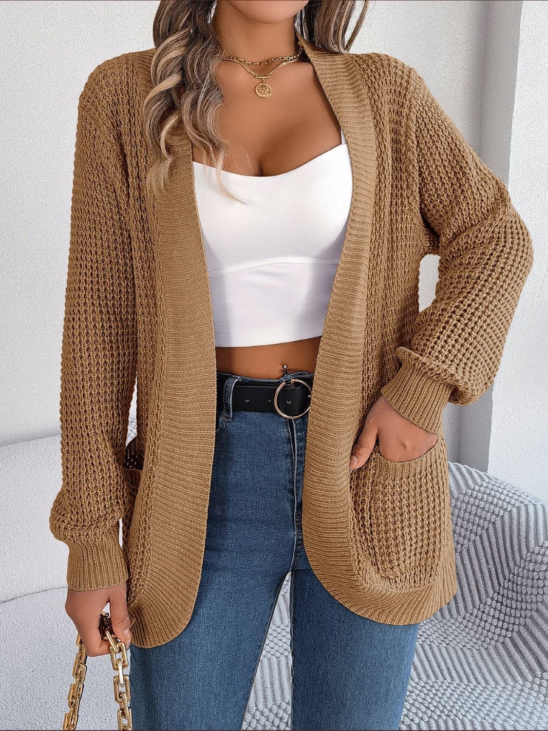 Open Front Long Sleeve Cardigan with Pockets.