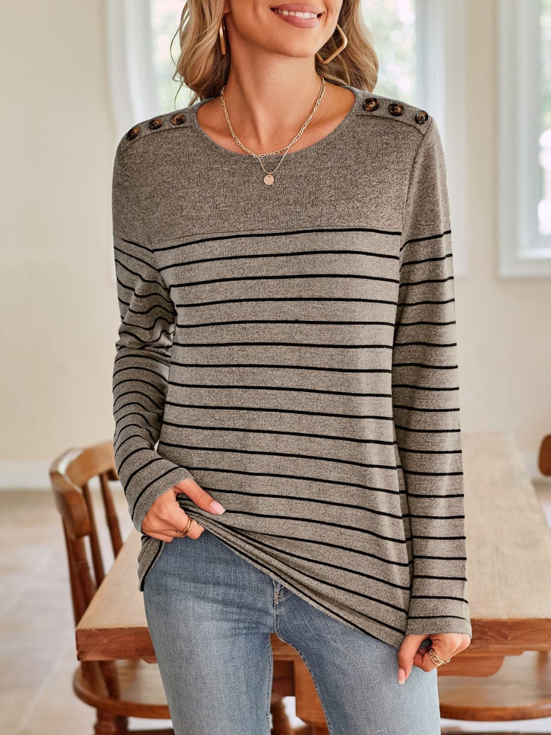 Striped Round Neck Long Sleeve T-Shirt.