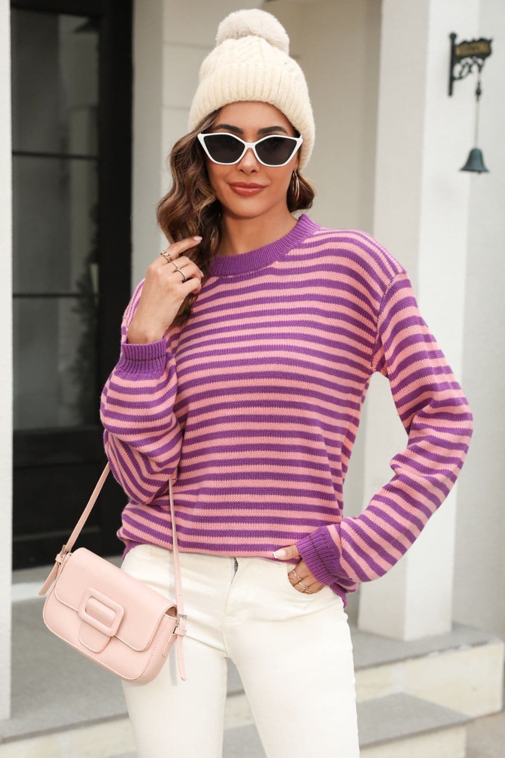 Striped Round Neck Dropped Shoulder Sweater.