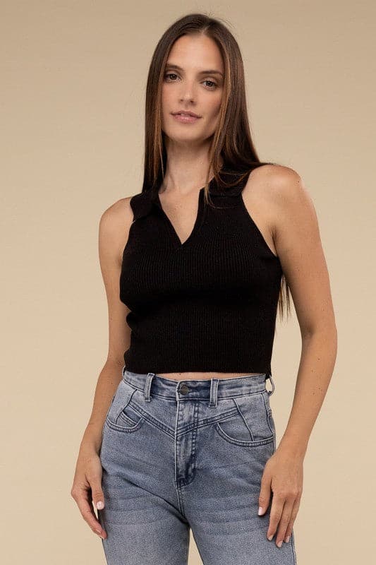 Sleeveless Collared Crop Knit Top.