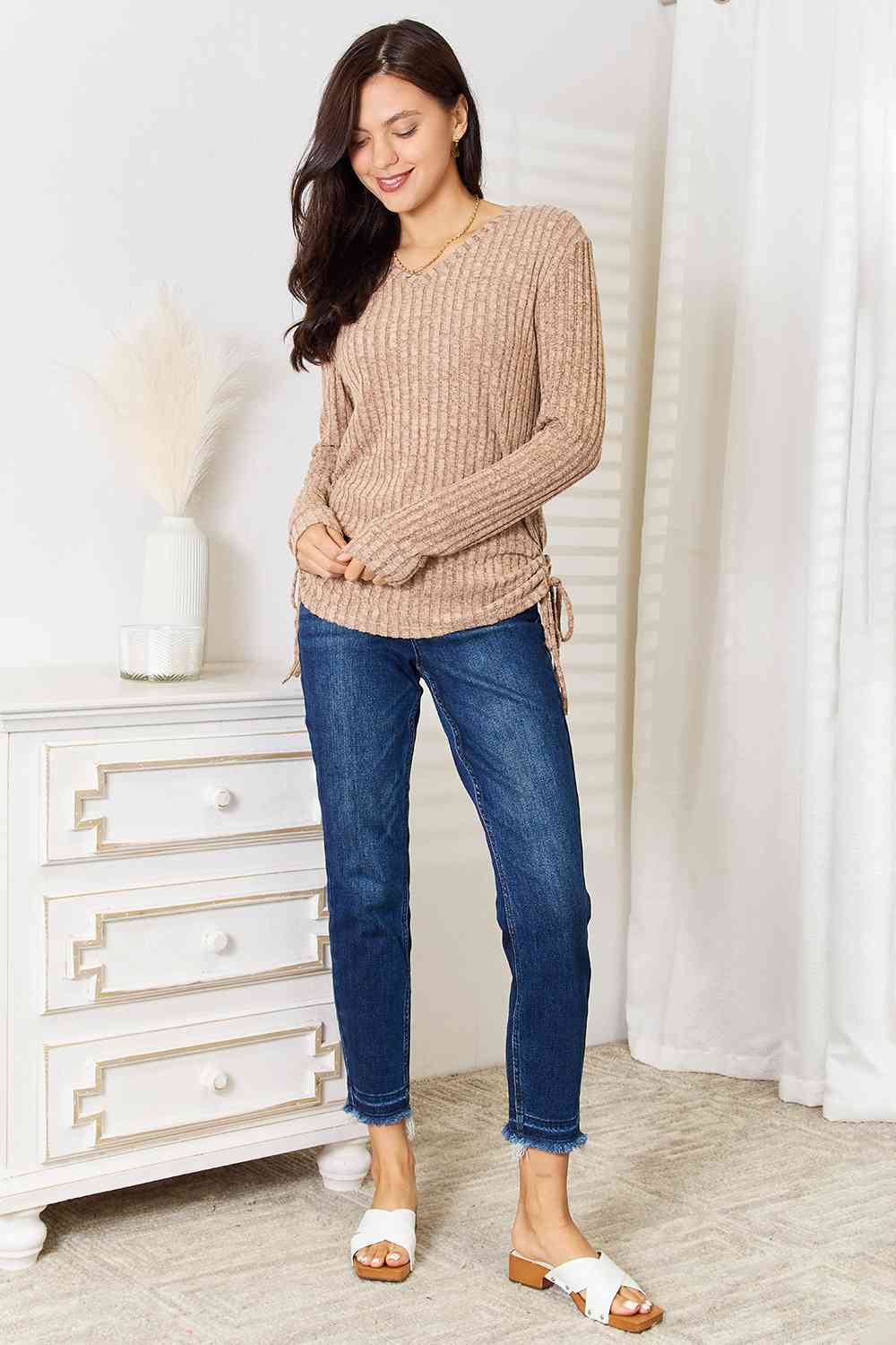 Double Take Drawstring Ribbed Long Sleeve T-Shirt - Love Salve