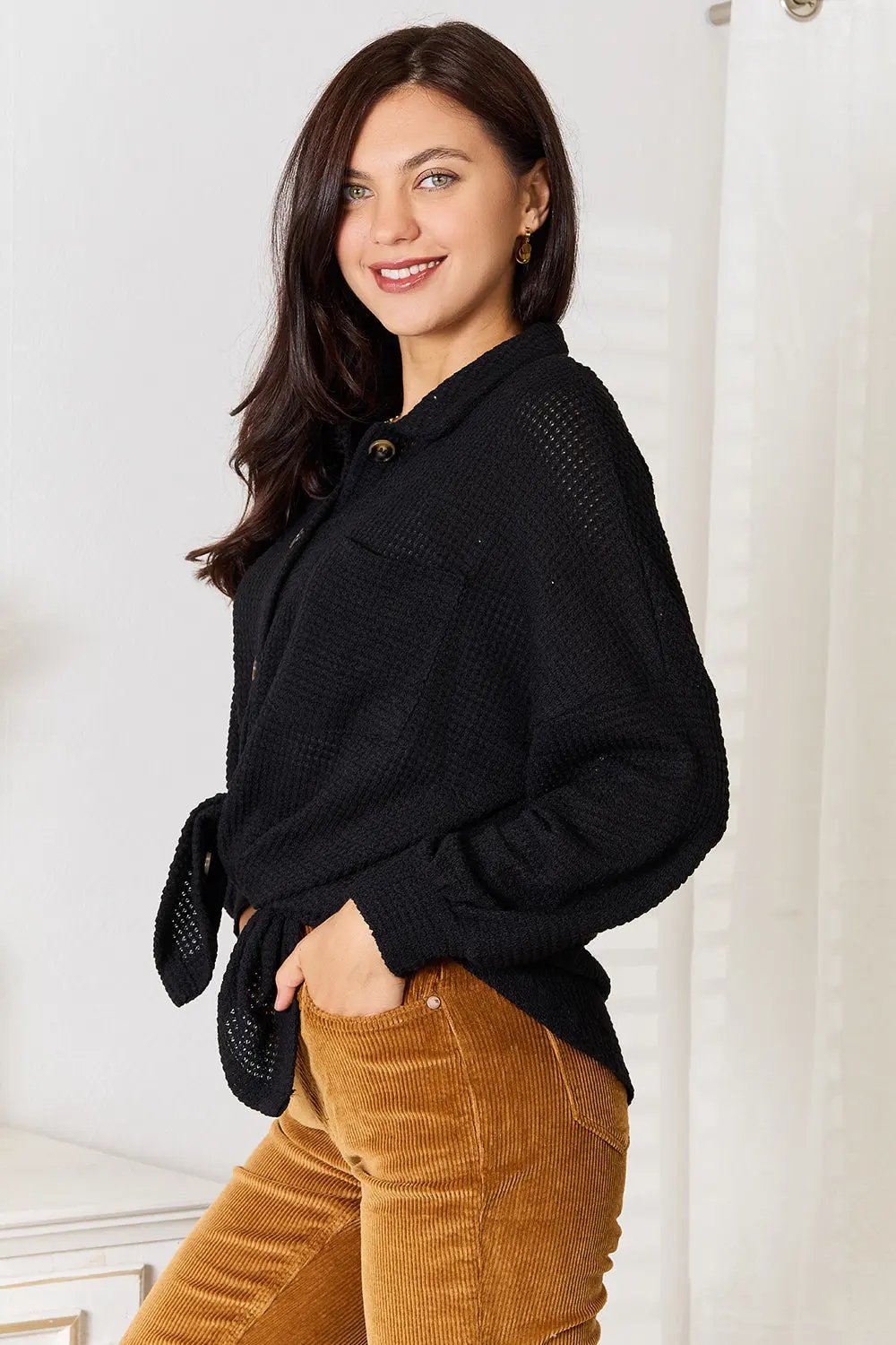 Double Take Waffle-Knit Collared Neck Dropped Shoulder Shirt - Love Salve