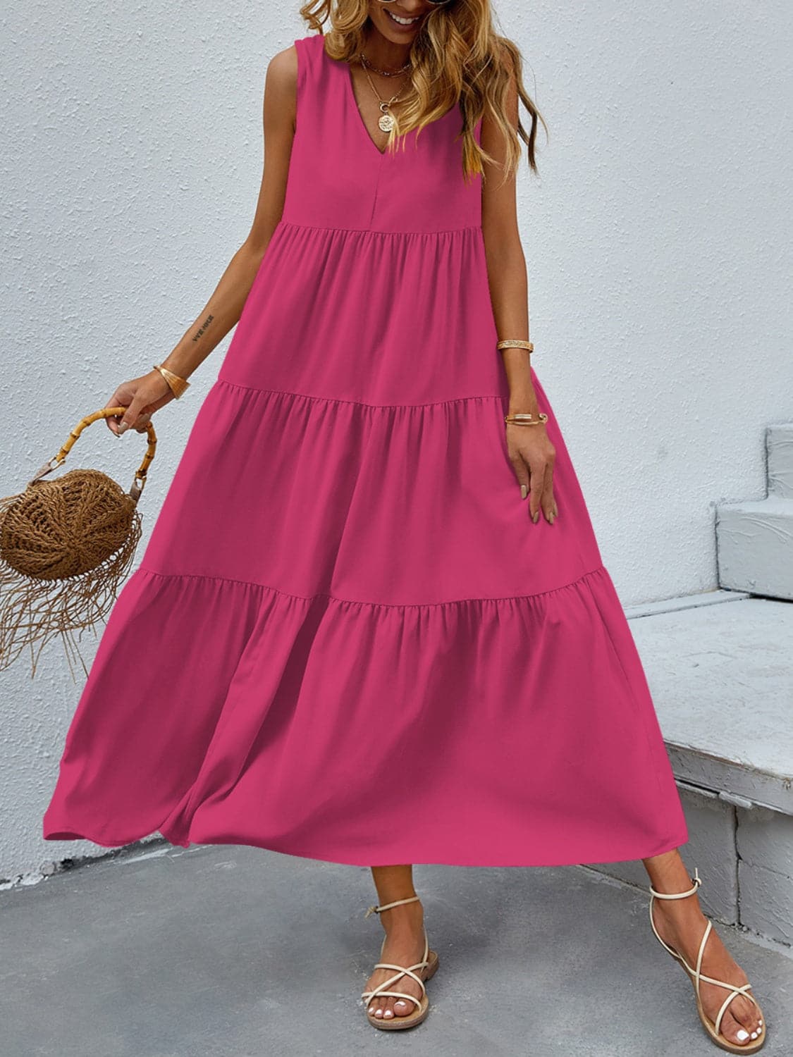 Tiered V-Neck Sleeve Dress.