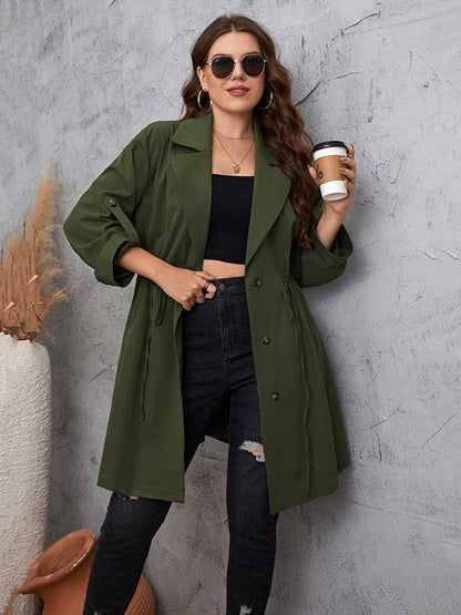 Plus Size Lapel Collar Roll-Tab Sleeve Trench Coat.