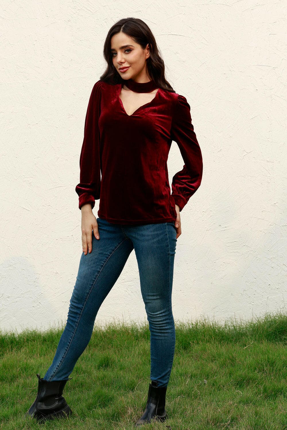 Cutout Puff Sleeve Velvet Blouse.