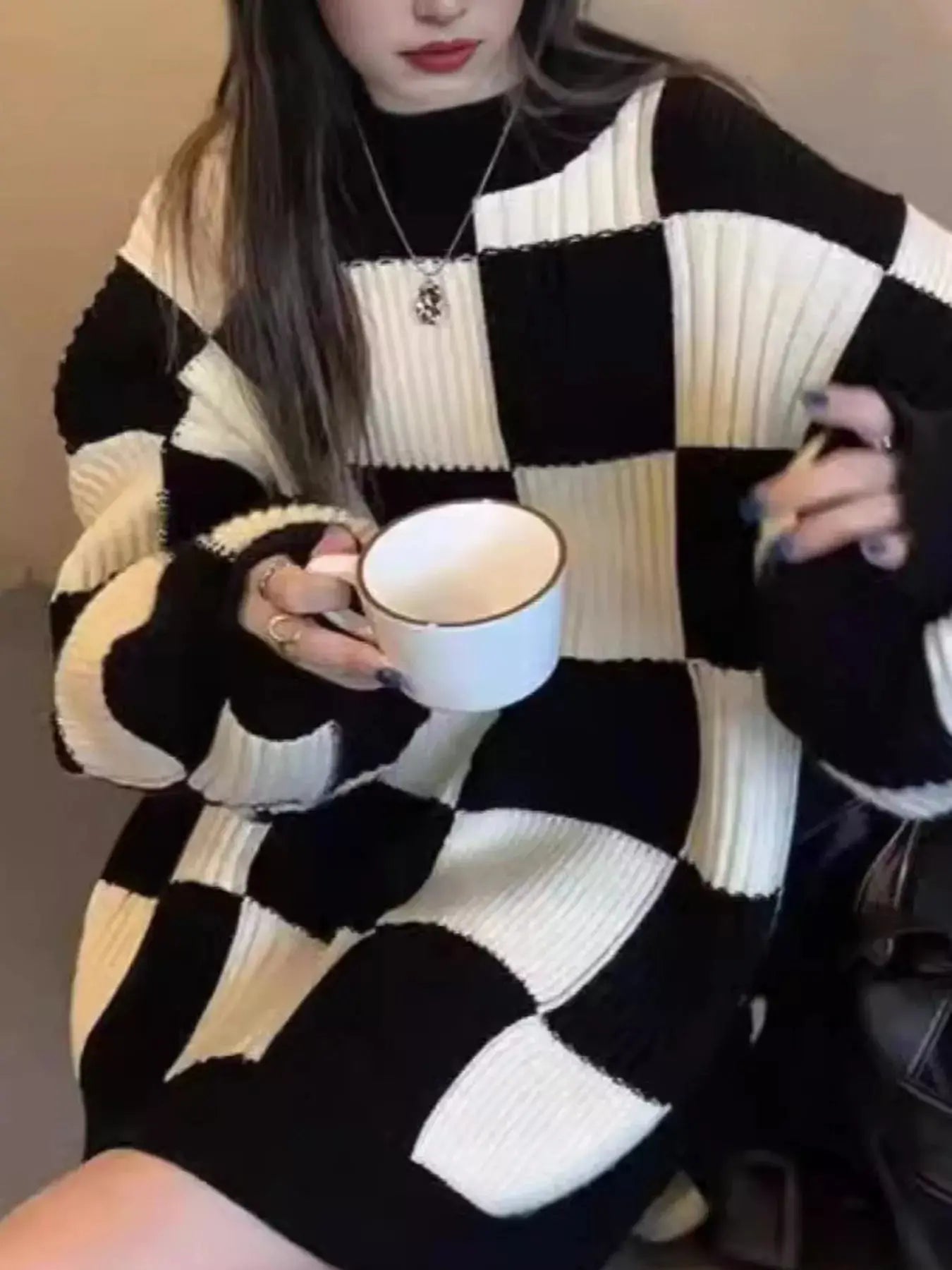 Checkerboard Pattern Oversized Sweater Simply Love