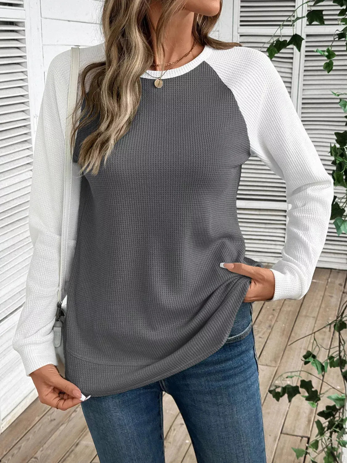 Waffle Knit Raglan Sleeve T-Shirt Simply Love